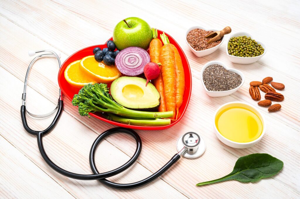 Healthy detox foods with fruits, vegetables, seeds and olive oil supporting natural body detox and wellness